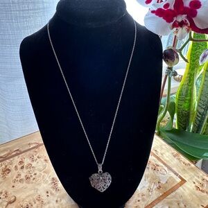 Vintage Sterling Silver Filagree Marcasite Heart Locket Necklace